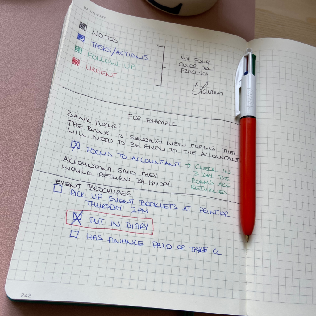 The Four Color Pen Process for Note Taking for Admins and Assistants