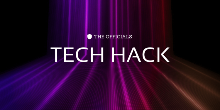 Neon beams in the background with the words "The Officials. Tech Hack". This is a promo image for an event series on technology for assistants.