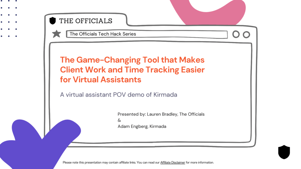 An illustrated black and white line drawing of a web browser window. Colorful abstract shapes float in the background. Showcasing Kirmada the organizational tool for Virtual Assistants.