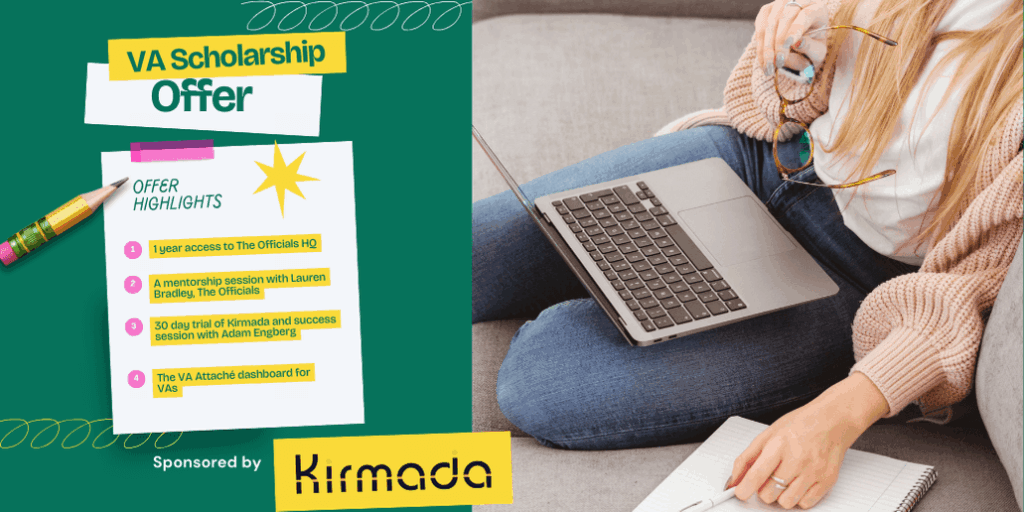 A virtual assistant sitting on a sofa with a laptop. A bulletin board next to her announcing a VA scholarship.