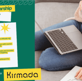 A virtual assistant sitting on a sofa with a laptop. A bulletin board next to her announcing a VA scholarship.