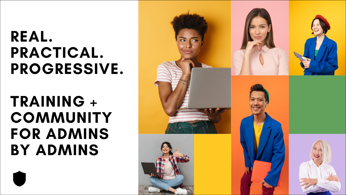 A mosaic of confident administrative professionals in vibrant clothing in front of colourful backgrounds.