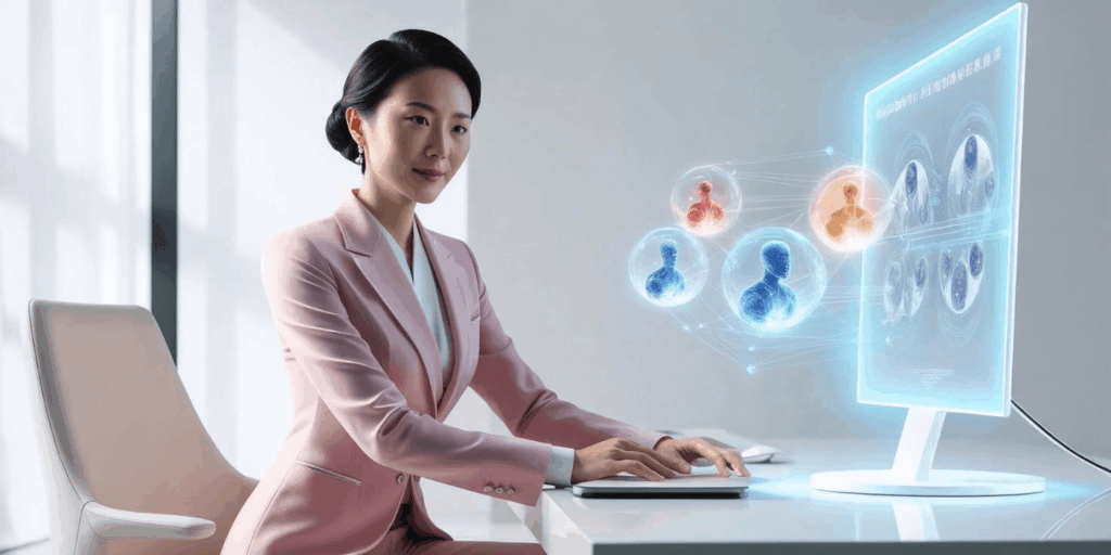 An executive support professional in a pink suit working at her desk and managing several AI agents