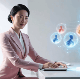 An executive support professional in a pink suit working at her desk and managing several AI agents