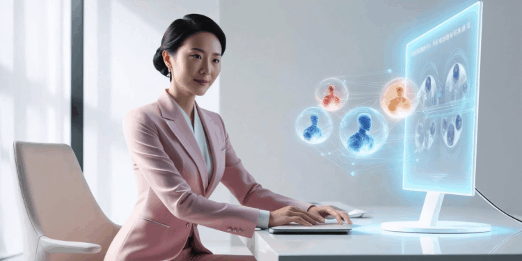 An executive support professional in a pink suit working at her desk and managing several AI agents