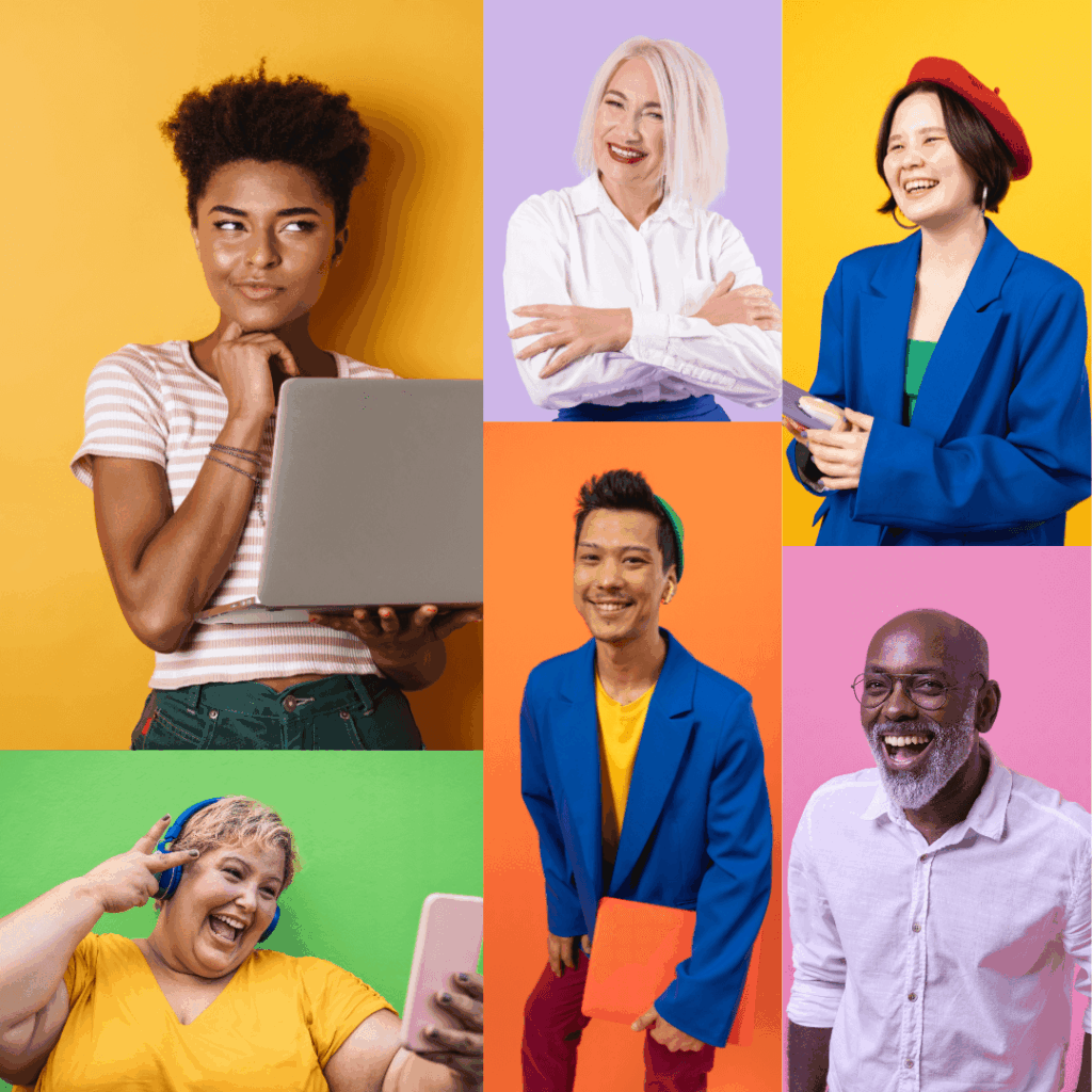 A mosaic of confident administrative professionals in vibrant clothing in front of colourful backgrounds.