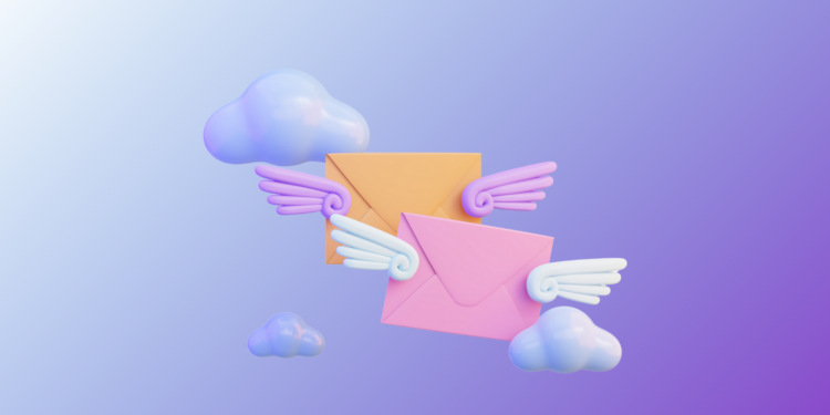 Illustration of flying email envelopes with wings and clouds, symbolizing stress-free inbox management for administrative professionals and executive assistants.