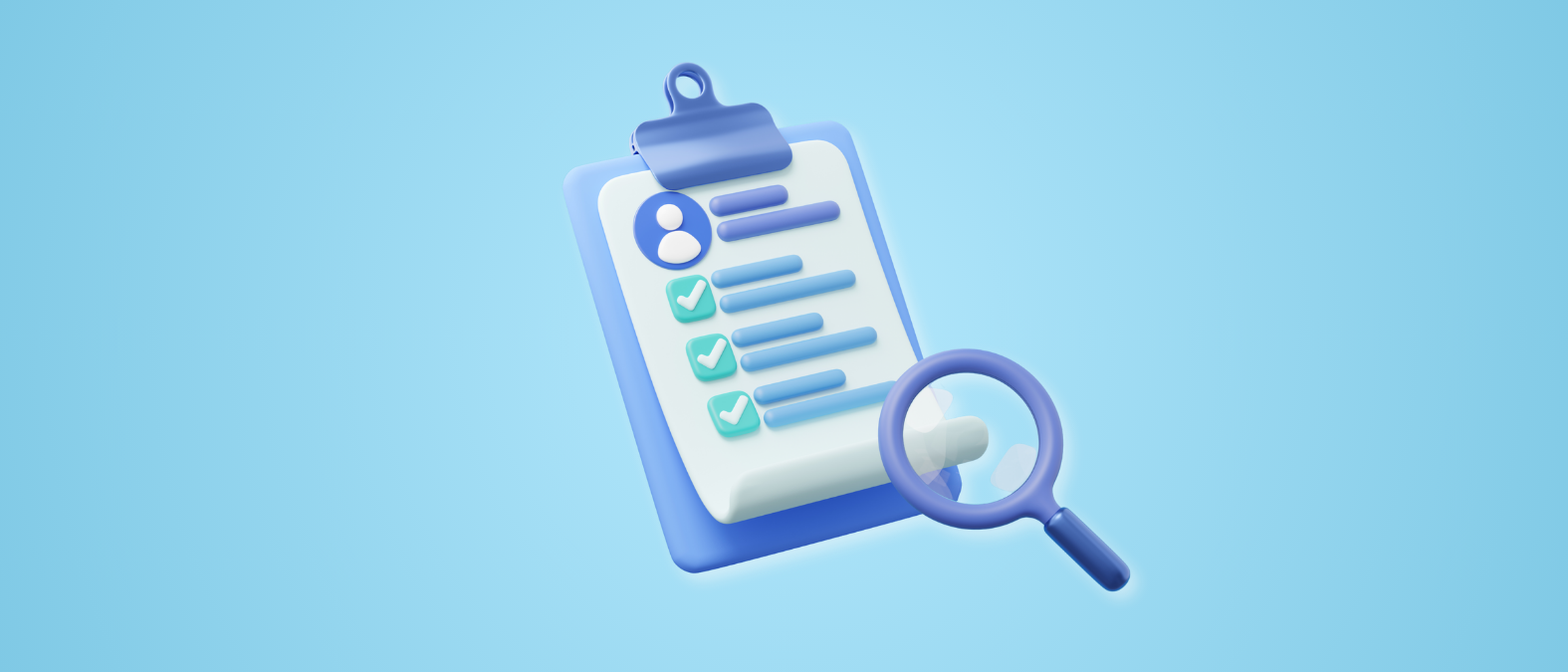 Illustrated banner for The Officials Resume Lab showing a stylized assistant resume checklist on a clipboard with checkmarks and a magnifying glass, set on a light blue background, representing resume review and refinement.