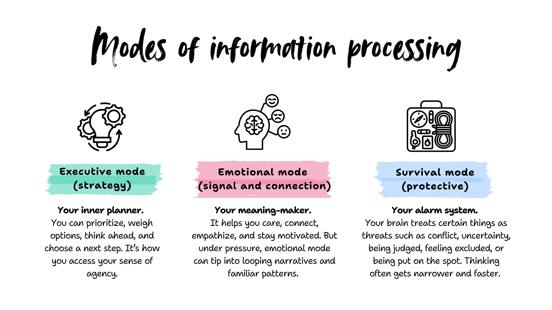 Illustration of three brain modes: executive, emotional, and survival