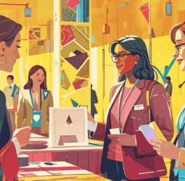 Colourful illustration of UK assistants networking at the PA Show conference. Chatting with trainers, exhibitors, and other attendees.