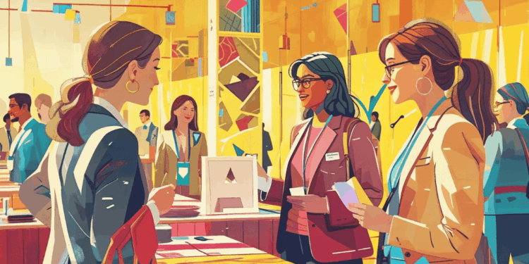 Colourful illustration of UK assistants networking at the PA Show conference. Chatting with trainers, exhibitors, and other attendees.
