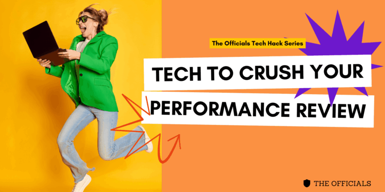 An assistant in a bold green blazer, jumping for joy with a laptop in her hands. Excited for her performance review.