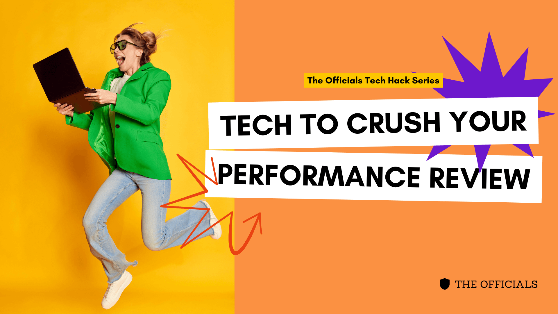 An assistant in a bold green blazer, jumping for joy with a laptop in her hands. Excited for her performance review.