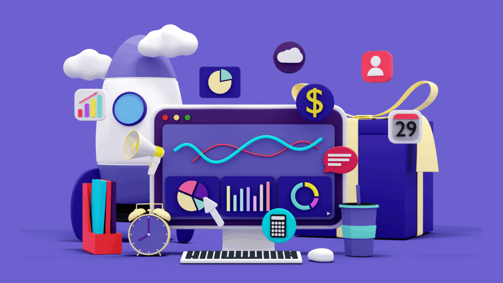 3D illustration of an Assistant desktop dashboard with charts and graphs, surrounded by business and productivity icons like a megaphone, calendar, dollar sign, user profile, clock, and calculator on a purple background.