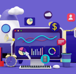 3D illustration of an Assistant desktop dashboard with charts and graphs, surrounded by business and productivity icons like a megaphone, calendar, dollar sign, user profile, clock, and calculator on a purple background.
