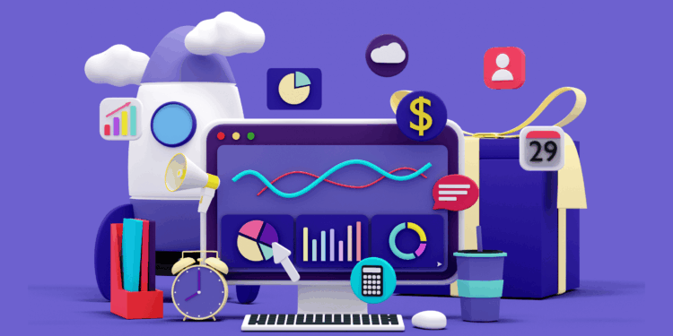 3D illustration of an Assistant desktop dashboard with charts and graphs, surrounded by business and productivity icons like a megaphone, calendar, dollar sign, user profile, clock, and calculator on a purple background.