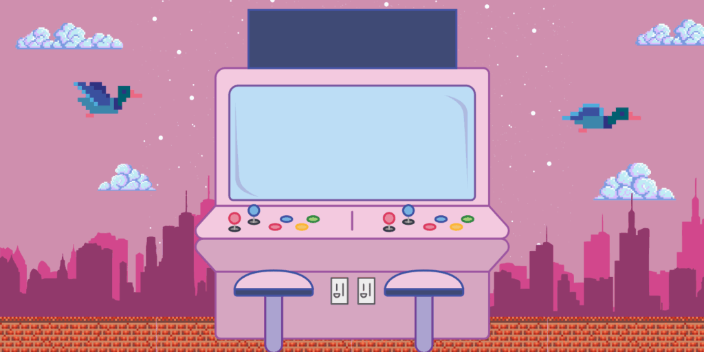 A pixel art style illustration of a pink arcade machine against a pink cityscape background with pixelated birds and clouds. Used to represent gaming concepts applied to executive assistant performance tracking and workplace contributions.
