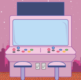 A pixel art style illustration of a pink arcade machine against a pink cityscape background with pixelated birds and clouds. Used to represent gaming concepts applied to executive assistant performance tracking and workplace contributions.